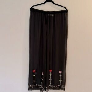 women’s Long Cover up Summer Pants Black with embroidered flowers Size L
